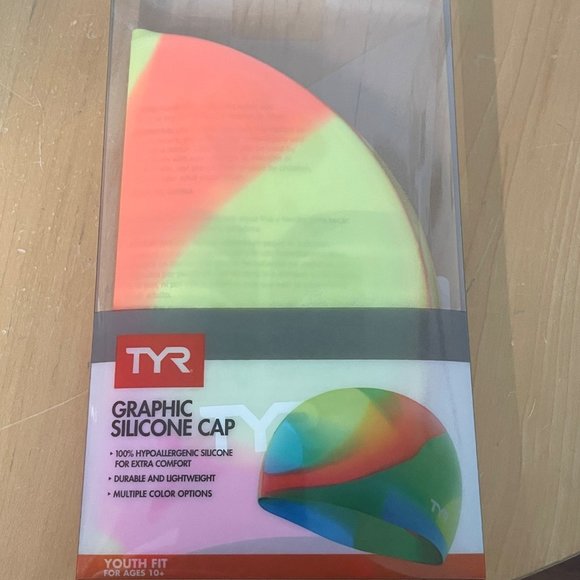 TYR Tie Dye Pink/Orange/Yellow New Silicone Swim Cap Junior Age 10+ Summertime - Picture 2 of 4